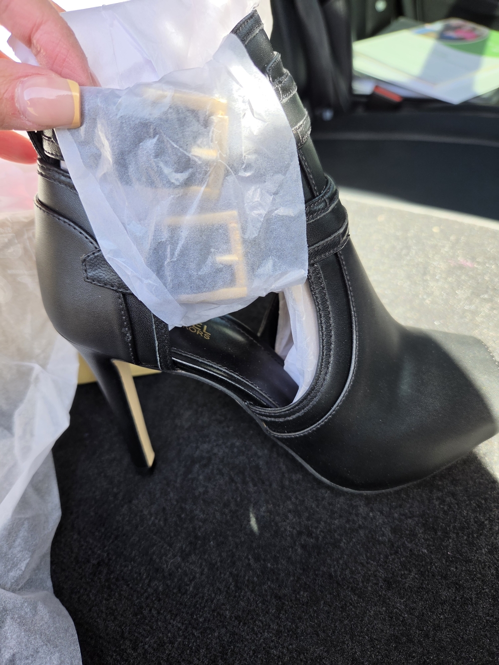 Michael Kors Black High Heel Ankle Boot with Gold Buckle - Women Shoes